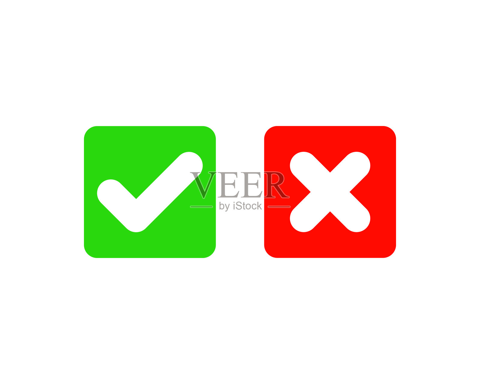 绿色的勾和红色的十字在方形的平面图标。矢量插图孤立在一个白色的背景。接受投票结果。优质的质量。图标素材