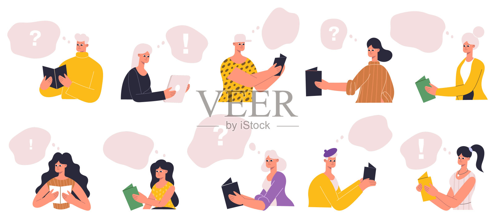 年轻的男性读者、女性读者都用纸质书写生。学生阅读书籍，书迷化身矢量插图集合。阅读文学人们的爱好插画图片素材