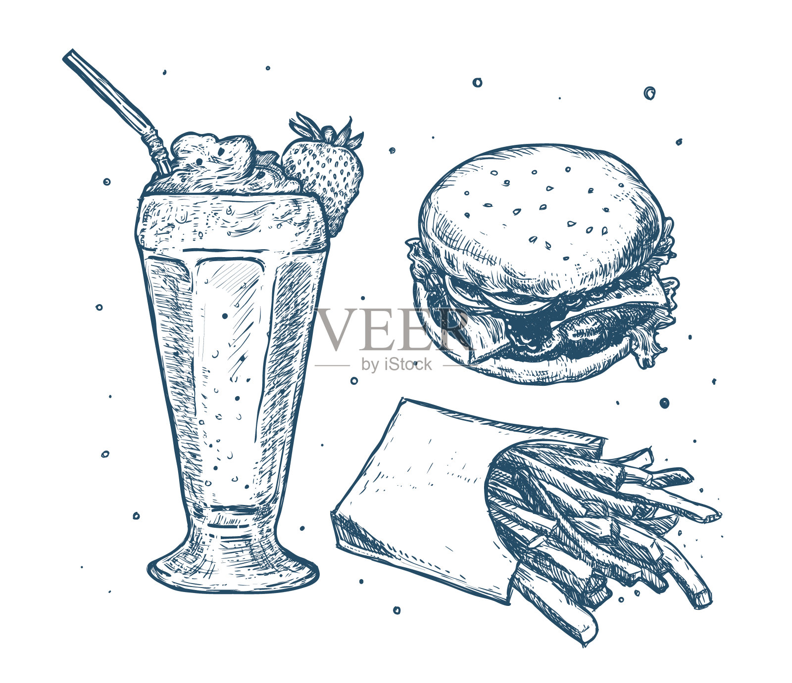 经典手绘素描搭配奶昔、汉堡和薯条插画图片素材