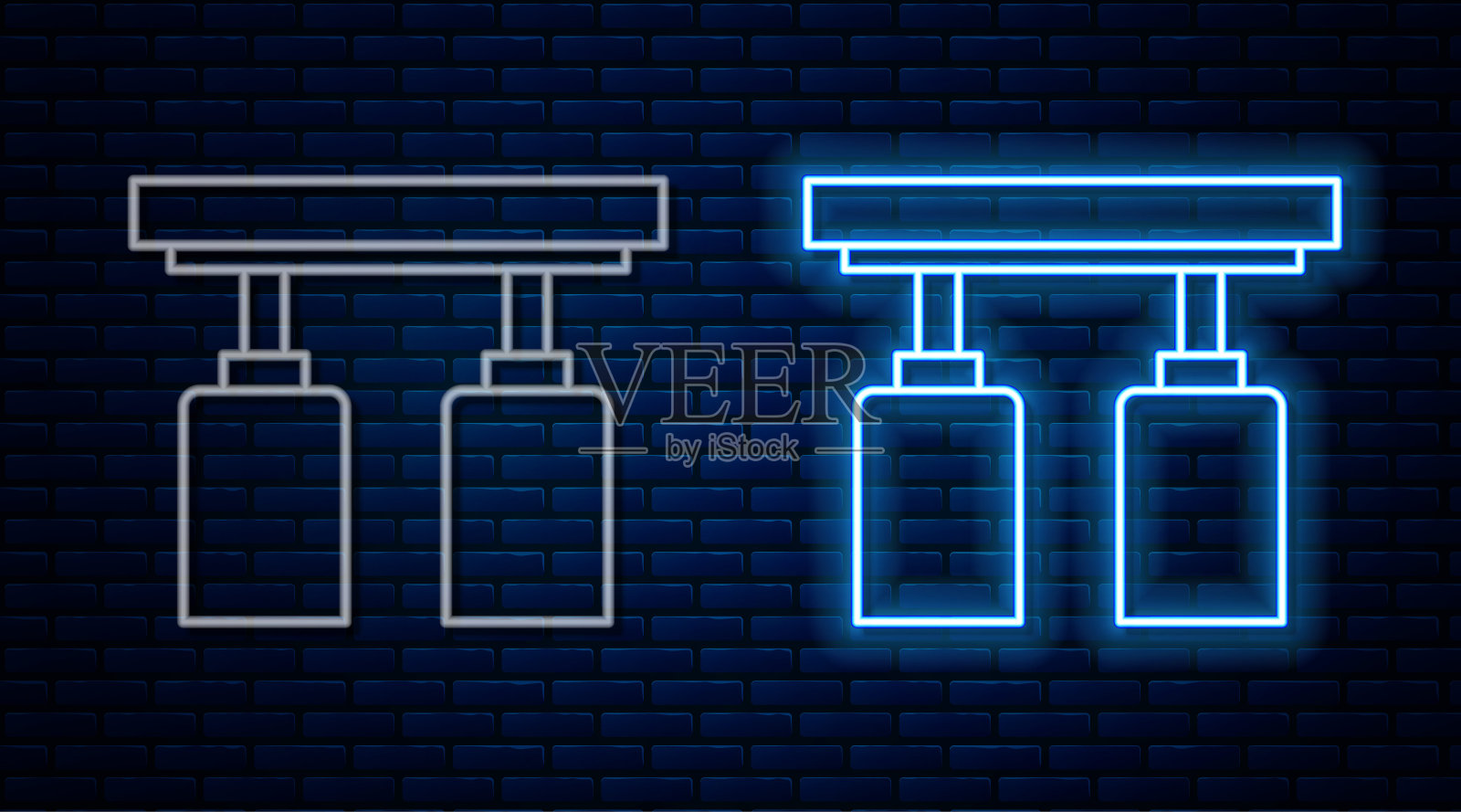 发光的霓虹灯线Led轨道灯和聚光灯图标隔离在砖墙背景。向量插画图片素材