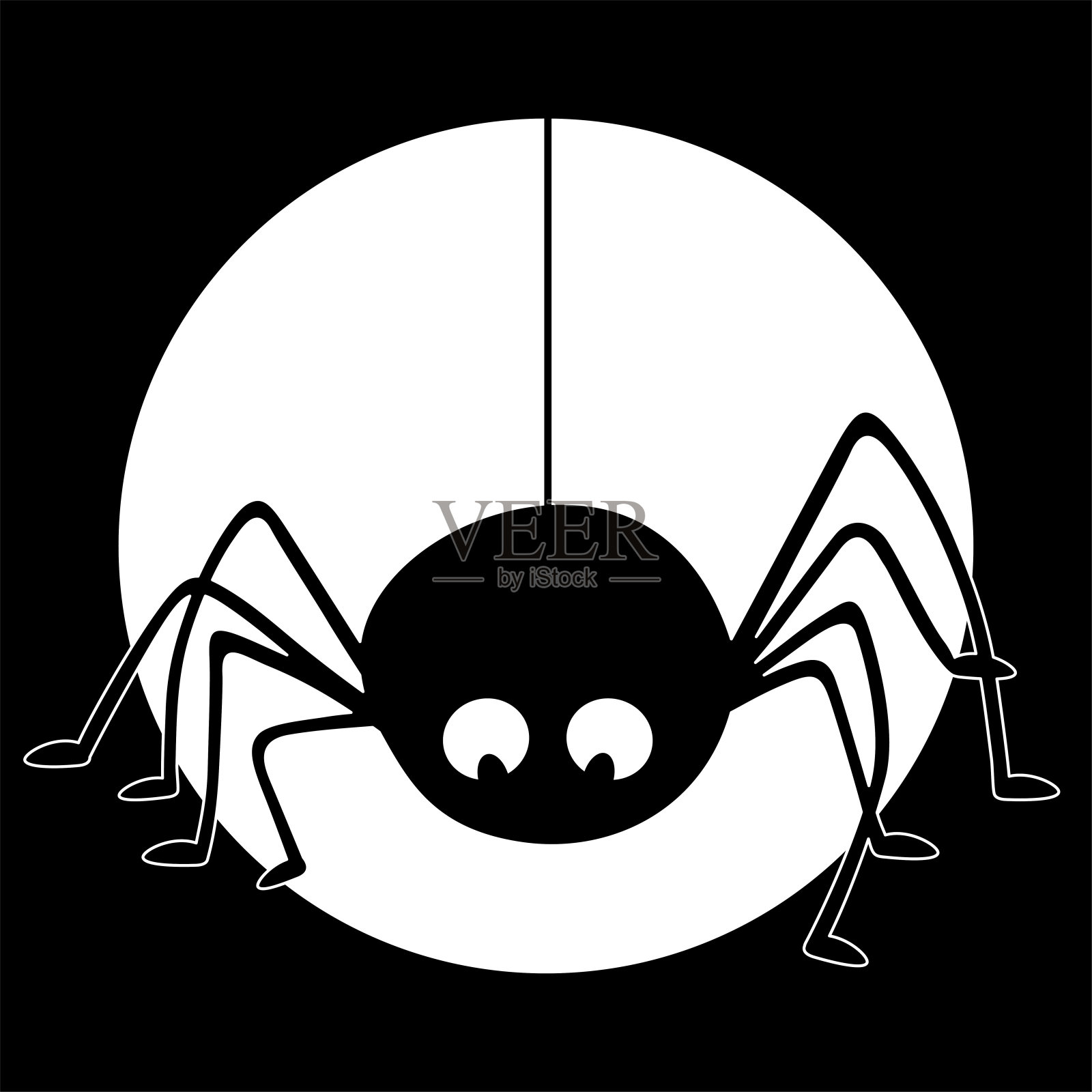 满月的时候，可爱的蜘蛛挂在一串蜘蛛网上。庆祝万圣节的简单设计元素。插画图片素材