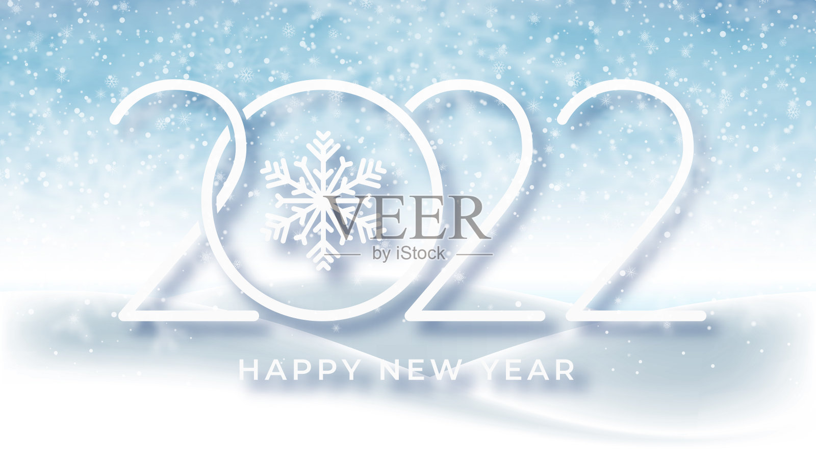 2022年新年快乐，圣诞节背景。蓝色的冬天的天空飘着雪花和巨大的积雪。冬天的风景，假日的风景与飘落的雪花。圣诞和新年装饰插画图片素材