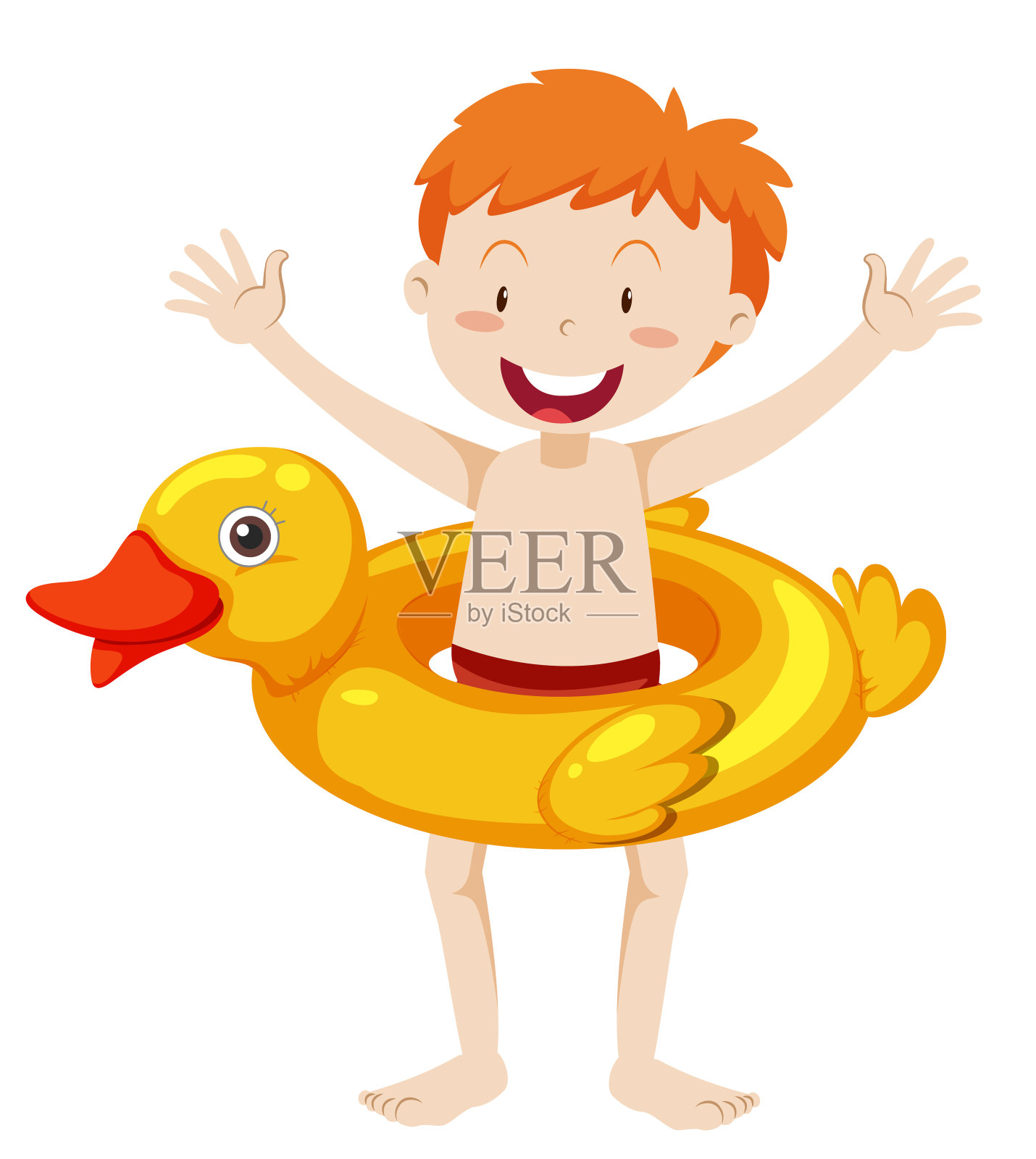 可爱男孩与鸭子在游泳圈孤立插画图片素材