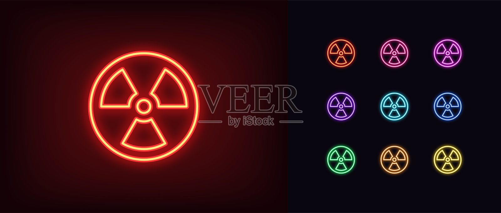 轮廓霓虹灯辐射图标。发光的霓虹灯辐射标志，危险的象形图在鲜艳的颜色插画图片素材