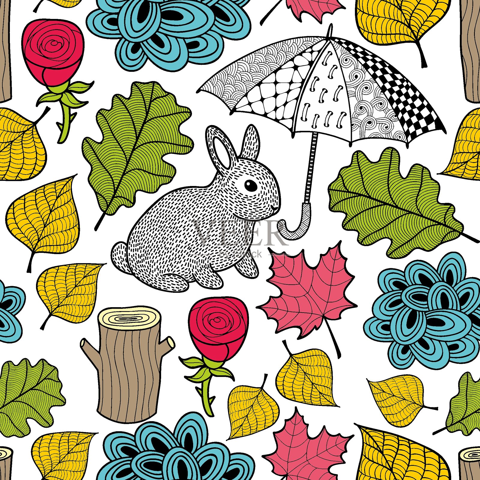 创意多彩的无缝图案与可爱的兔子和涂鸦伞。插画图片素材
