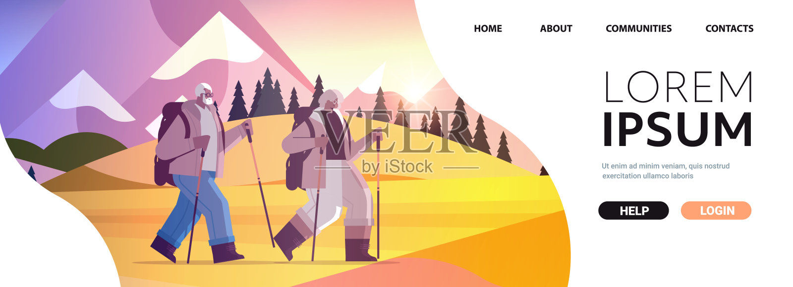 老年非洲裔美国男人女人徒步旅行背包活跃的老年体育活动插画图片素材