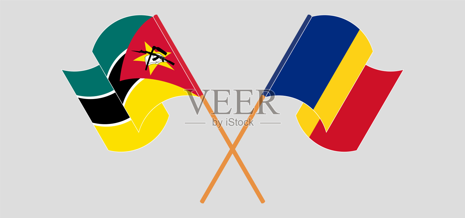 交叉并挥舞着莫桑比克和罗马尼亚的国旗设计元素图片