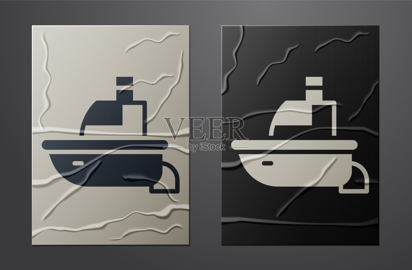 白色玩具船图标孤立在皱巴巴的纸图标素材