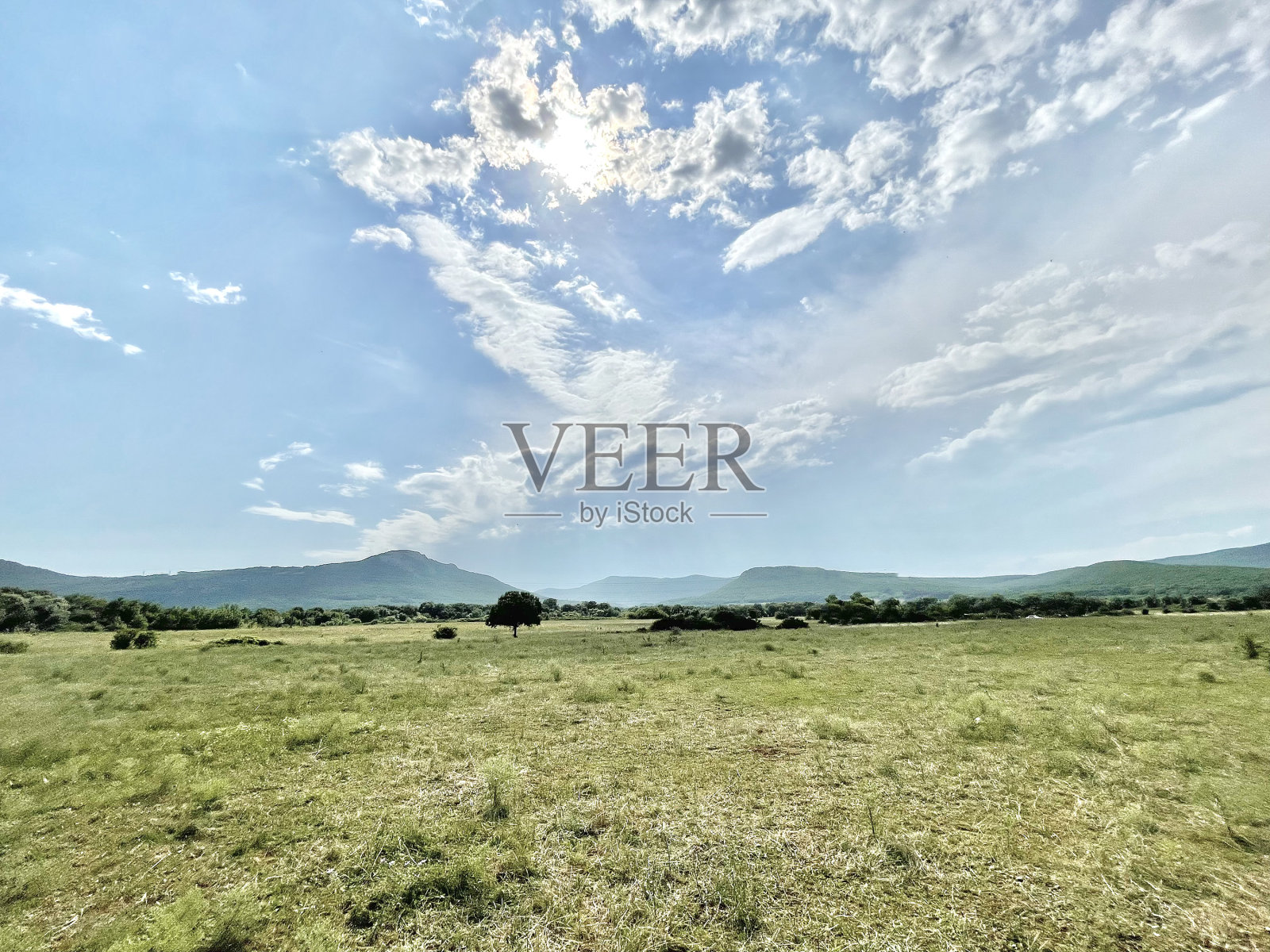 美丽的夏季景观，田野，山脉和蓝天照片摄影图片