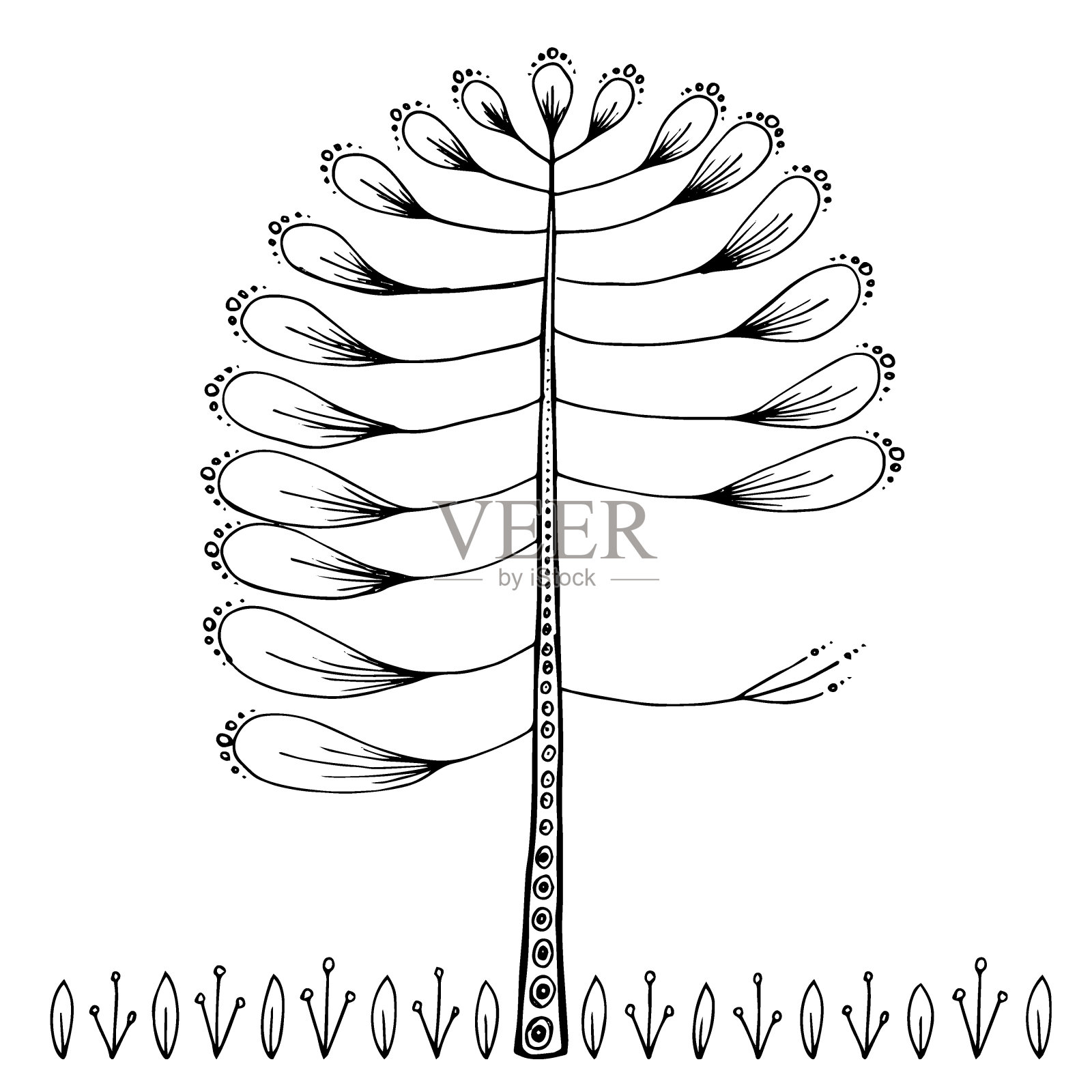 植物绘画构图:程式化的树和草。矢量手绘设计元素插画图片素材