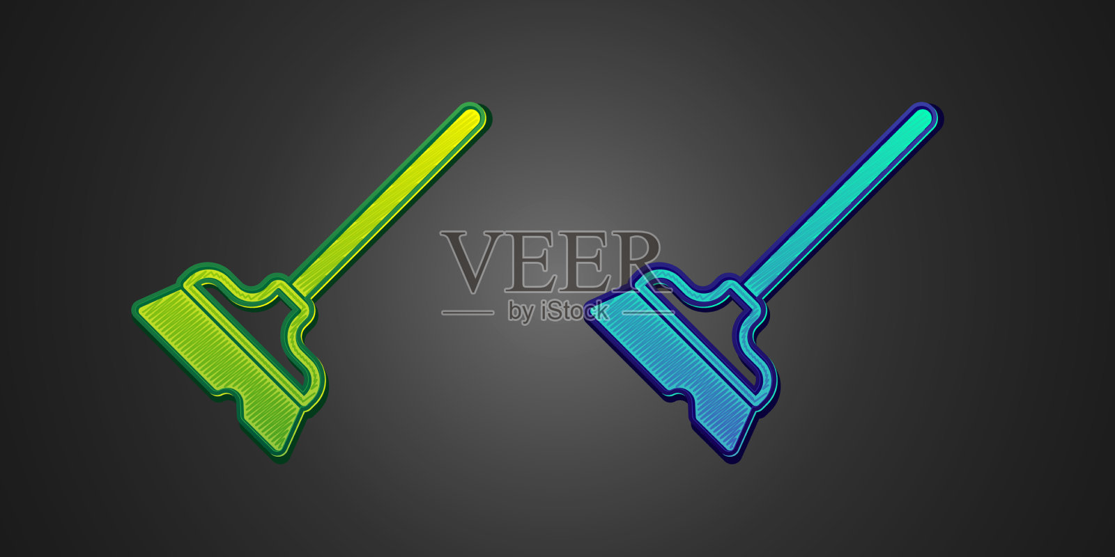 绿色和蓝色的拖把图标孤立在黑色插画图片素材