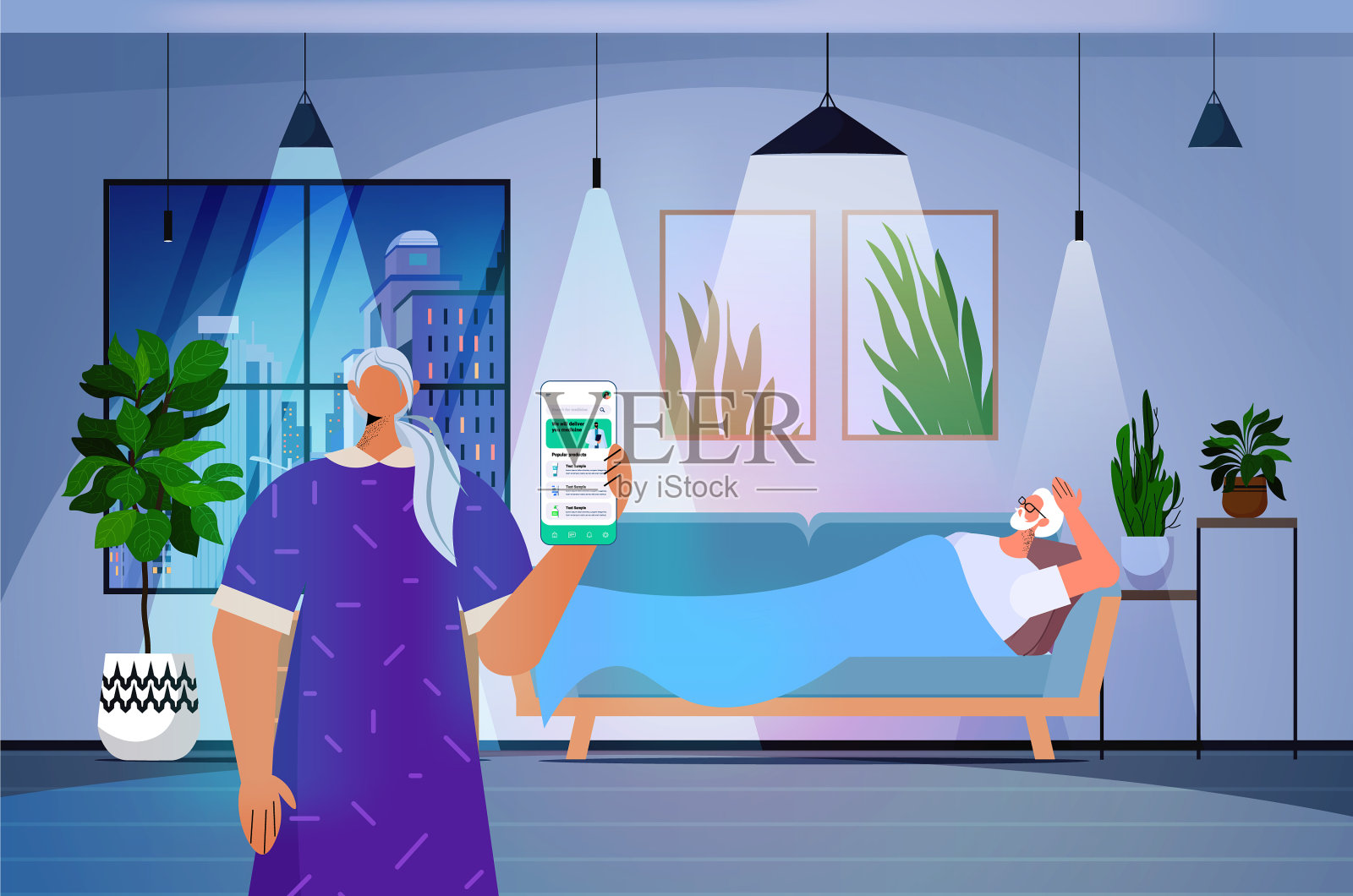 资深女病人来电讨论插画图片素材