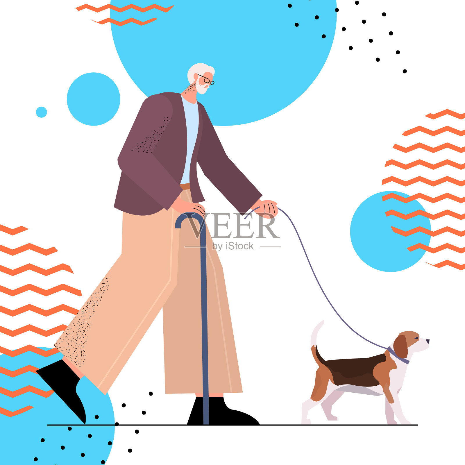 拄着拐杖的老人带着他的小狗散步插画图片素材