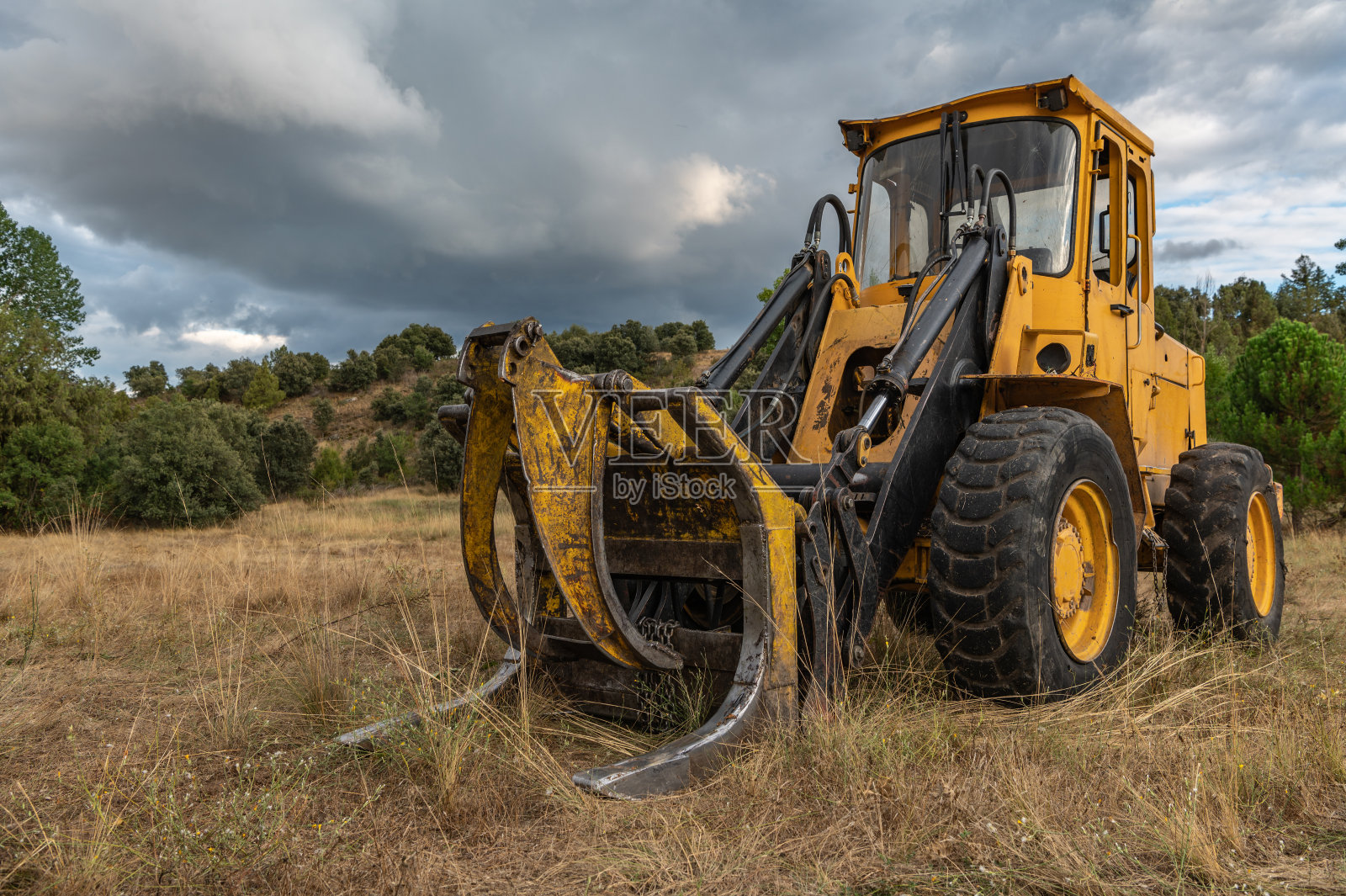 木材工厂中用于运输和装载原木的工业机械照片摄影图片