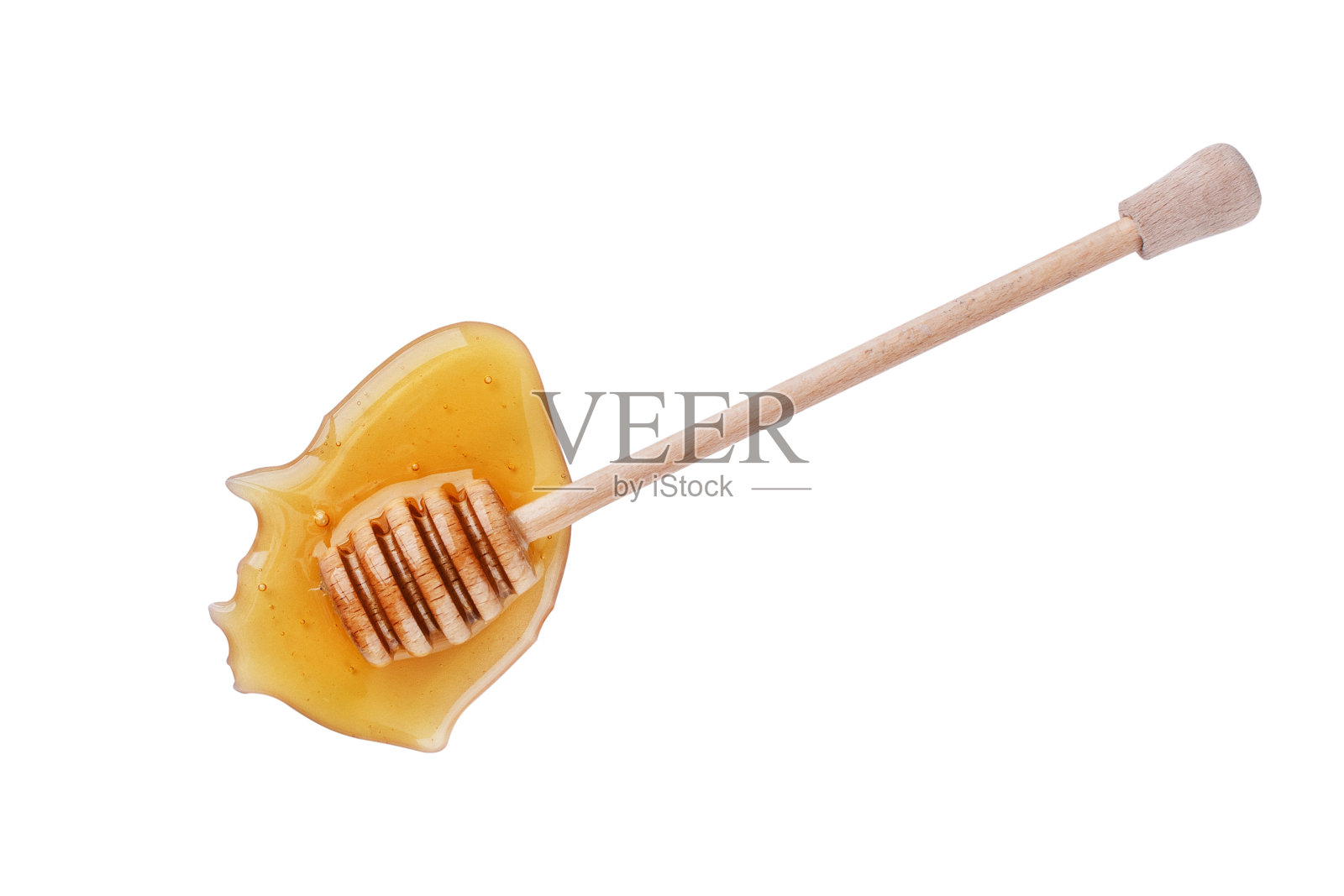 蜂蜜和木制蜂蜜勺孤立在白色背景俯视图。照片摄影图片