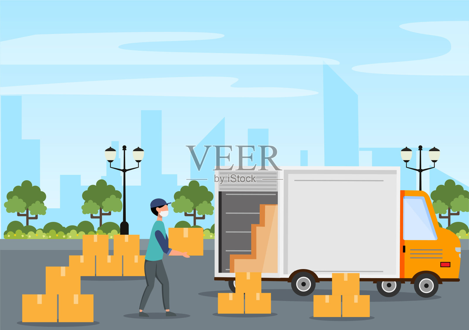 货物运输集装箱物流交付的概念交付货物使用起重机船舶，卡车或飞机运输。背景矢量图插画图片素材