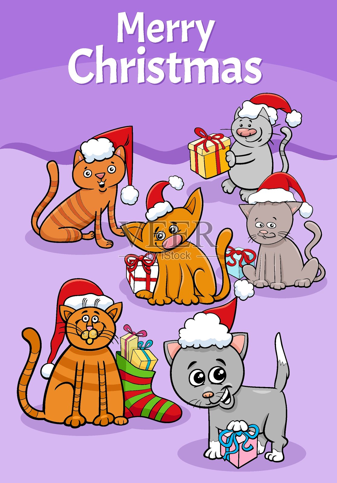 在圣诞节设计或卡片上有卡通猫插画图片素材