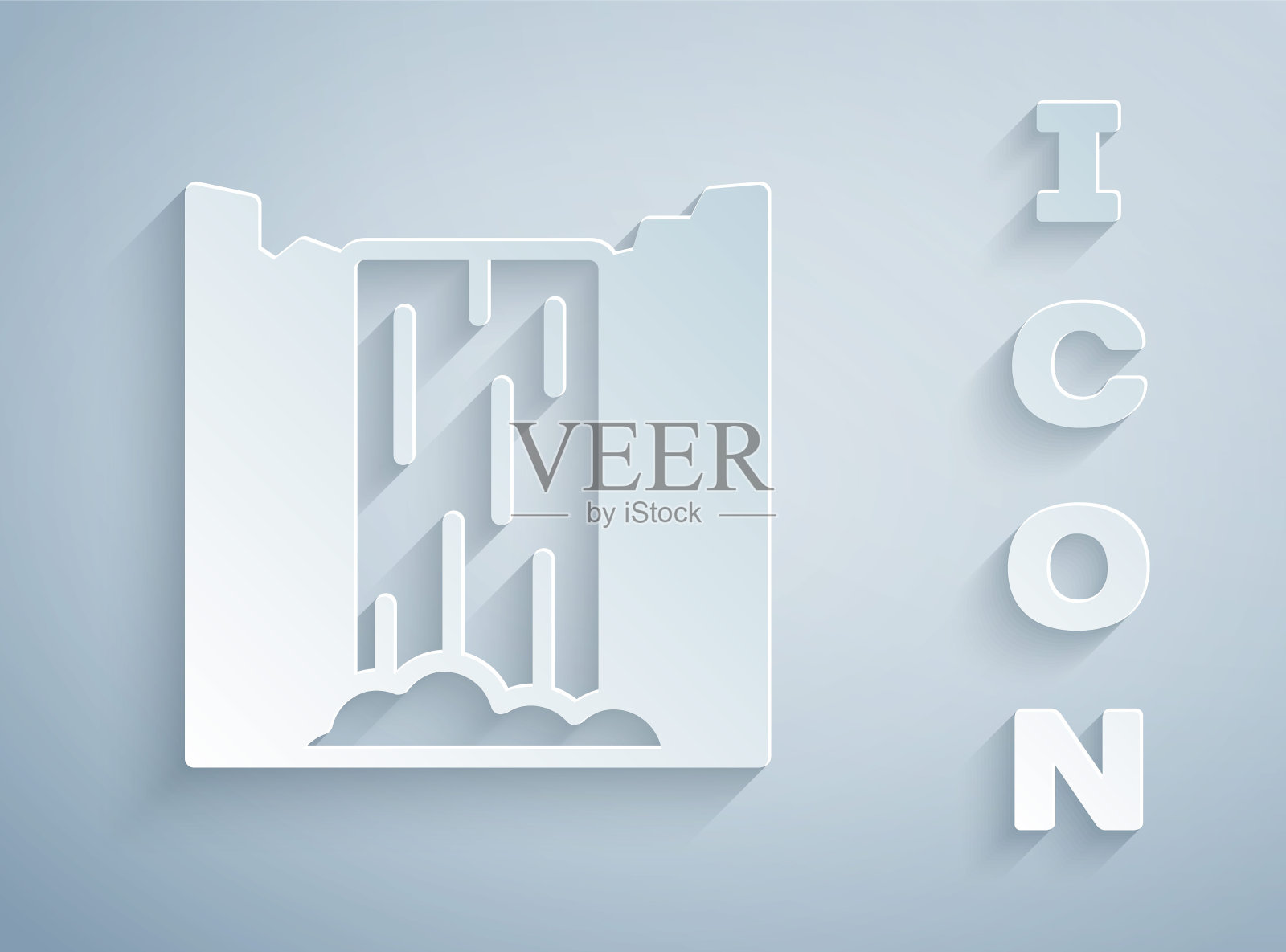 剪纸瀑布图标孤立在灰色背景。纸艺术风格。向量插画图片素材