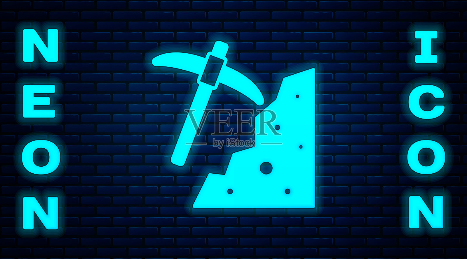 发光的霓虹灯鹤嘴锄图标孤立在砖墙背景。向量插画图片素材