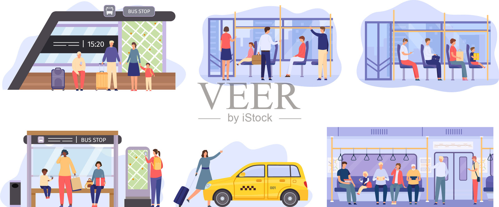 公共汽车站挤满了城里的人插画图片素材