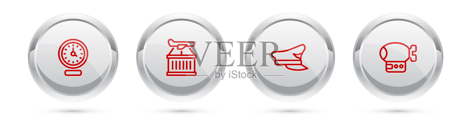 设置线时钟，飞机驾驶员帽子和飞艇插画图片素材