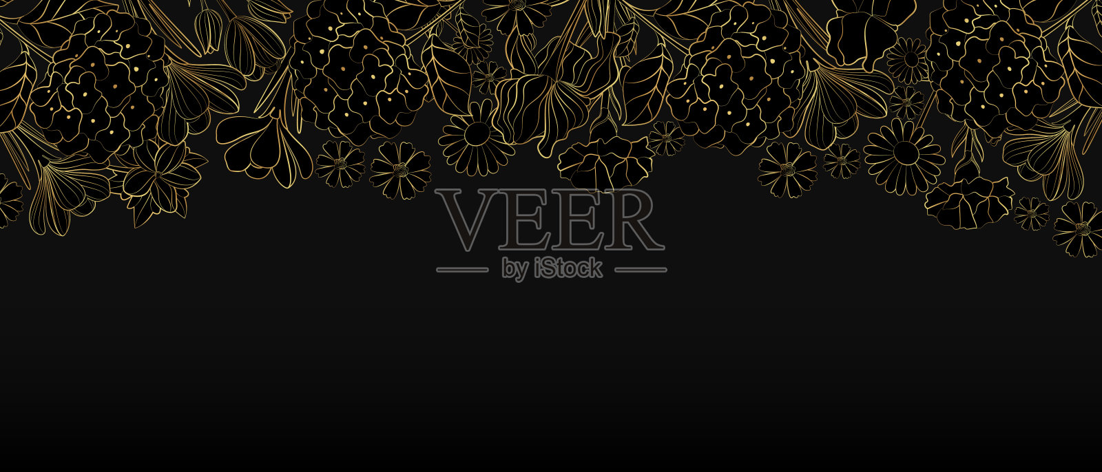 向量横幅在黑色背景上的线条艺术风格的金色花朵。插画图片素材