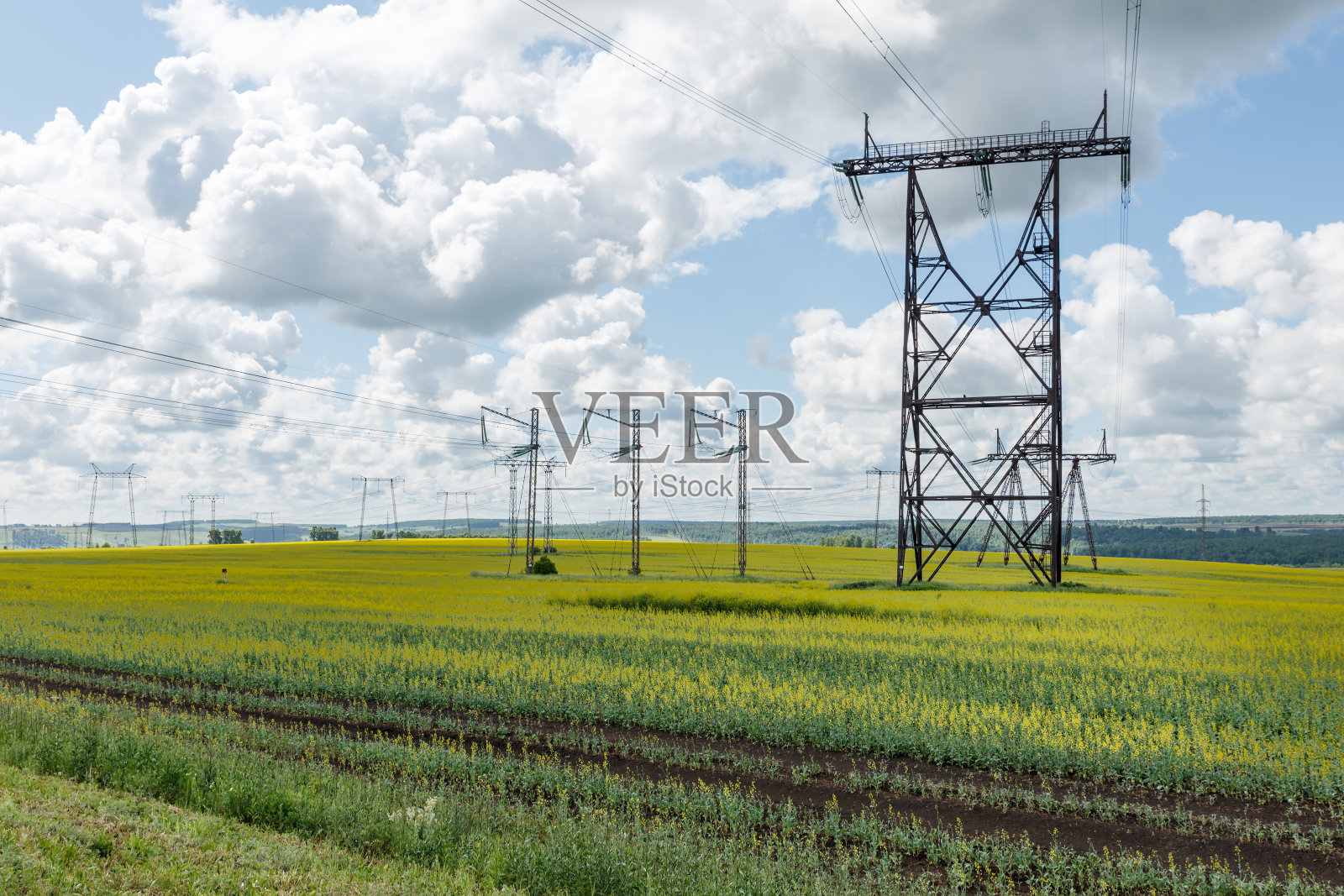 电塔。田里的电线。照片摄影图片