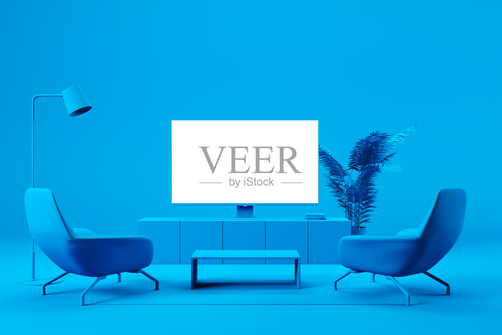 蓝色客厅里的电视机前有两把扶手椅。全家一起在线观看电影和电视节目的概念。3 d渲染。照片摄影图片