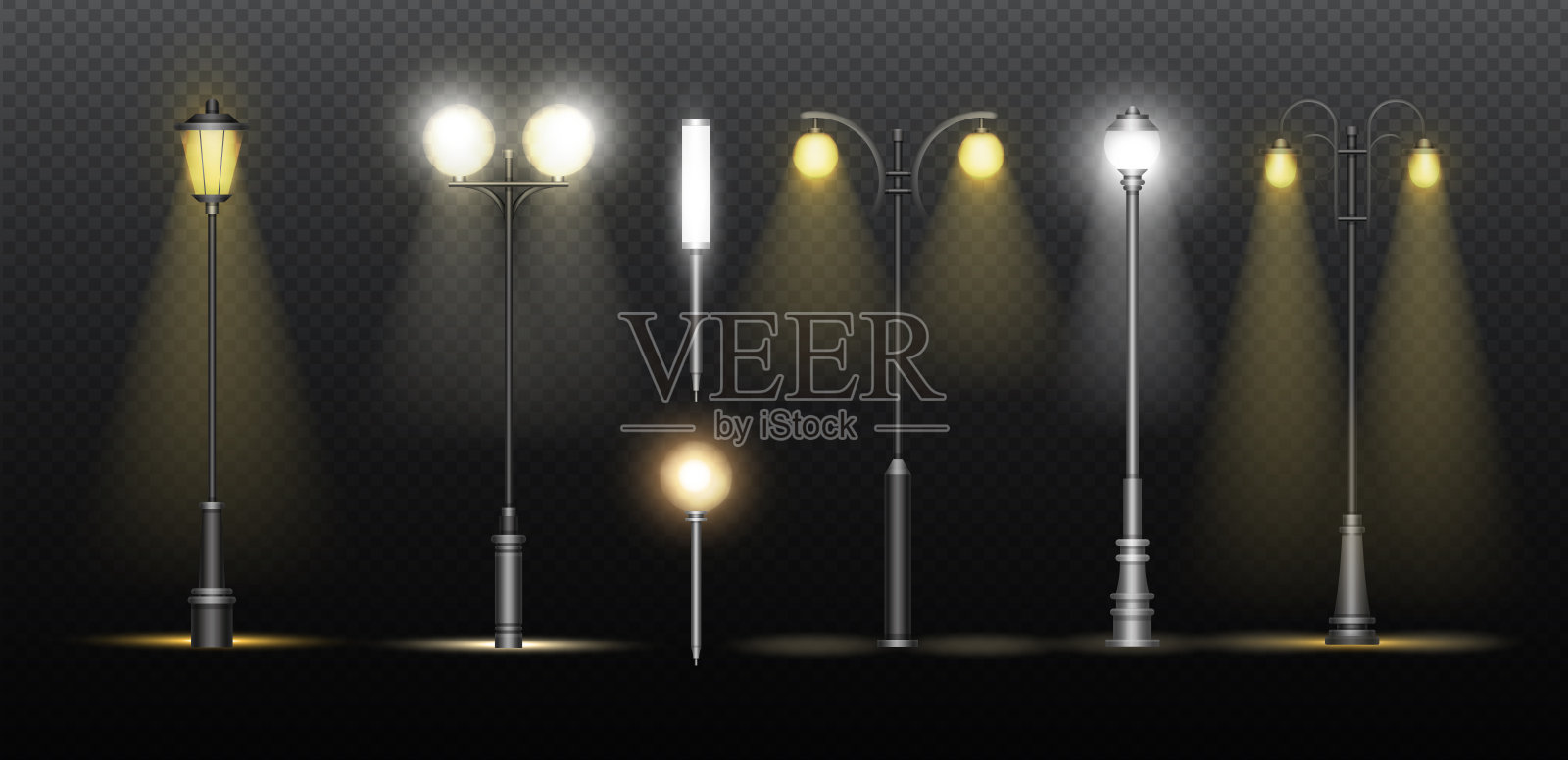 城市街道上的灯笼。逼真的经典小巷灯柱集合与金属街灯发光电黄和白色灯，路灯在黑暗的夜晚背景。插画图片素材