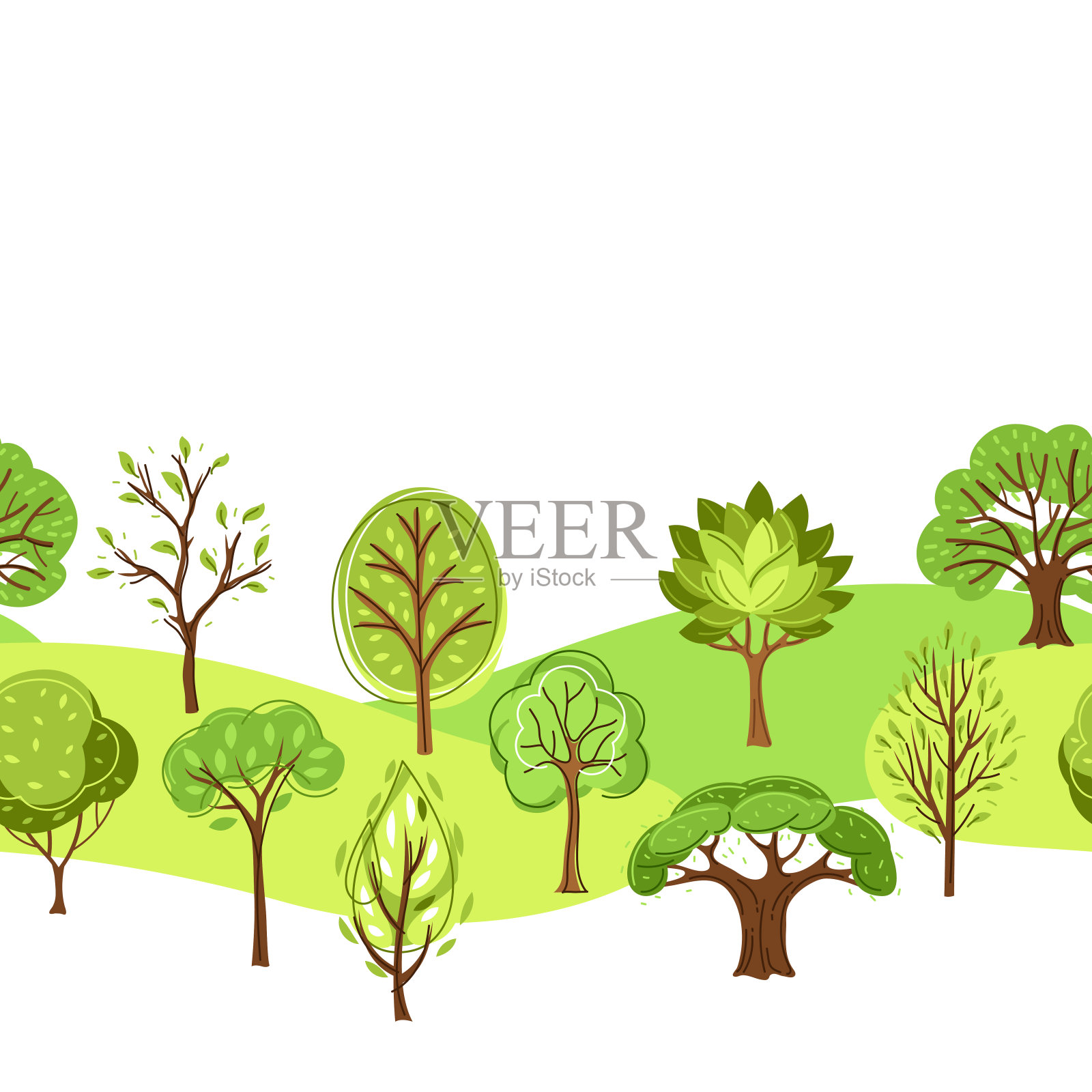 春天或夏天的无缝模式与程式化的树木。插画图片素材