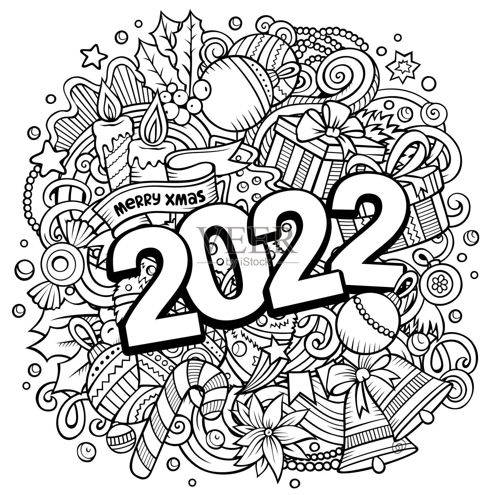 2022手绘涂鸦插图。新年物品和元素海报插画图片素材