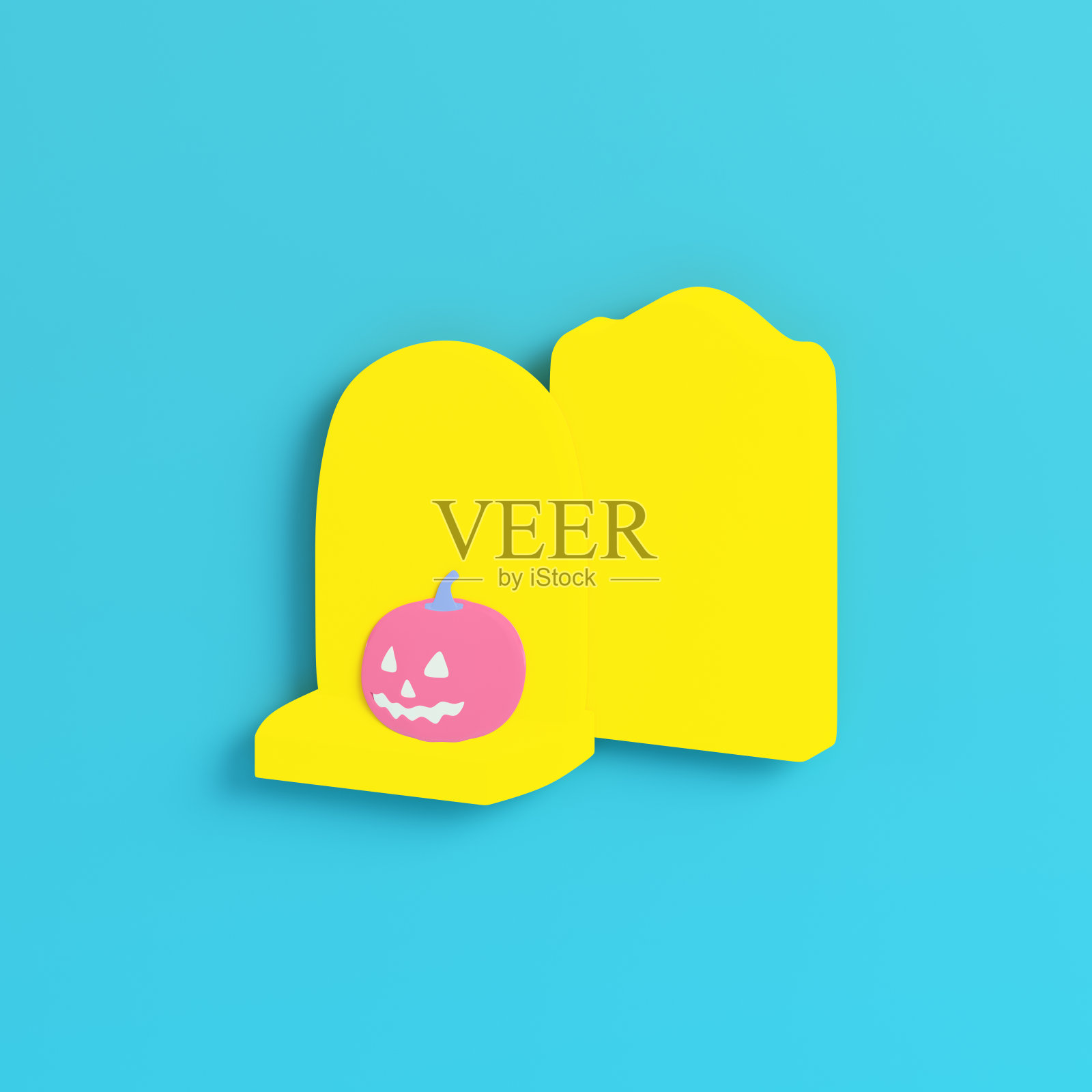 黄色的万圣节南瓜与墓碑在明亮的蓝色背景在柔和的颜色照片摄影图片