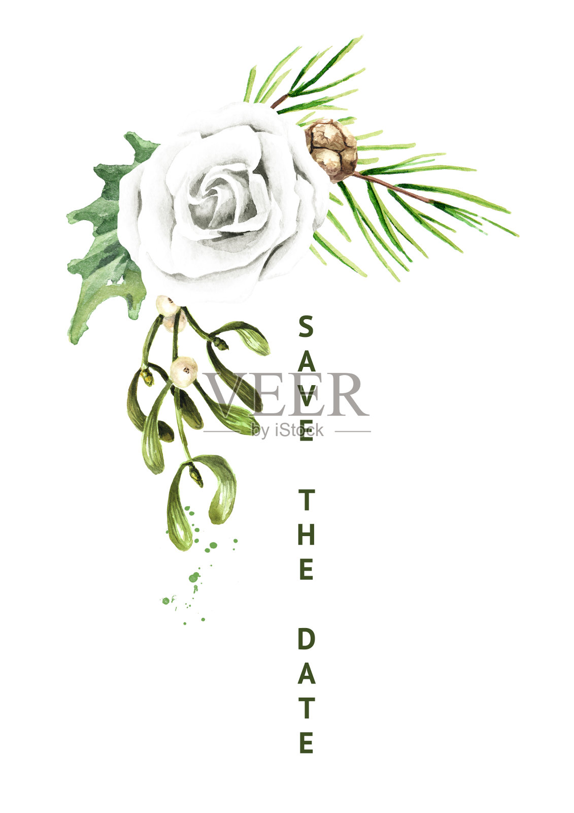 冬季婚礼请柬，保存日期卡。手绘水彩插图，孤立在白色背景设计模板素材