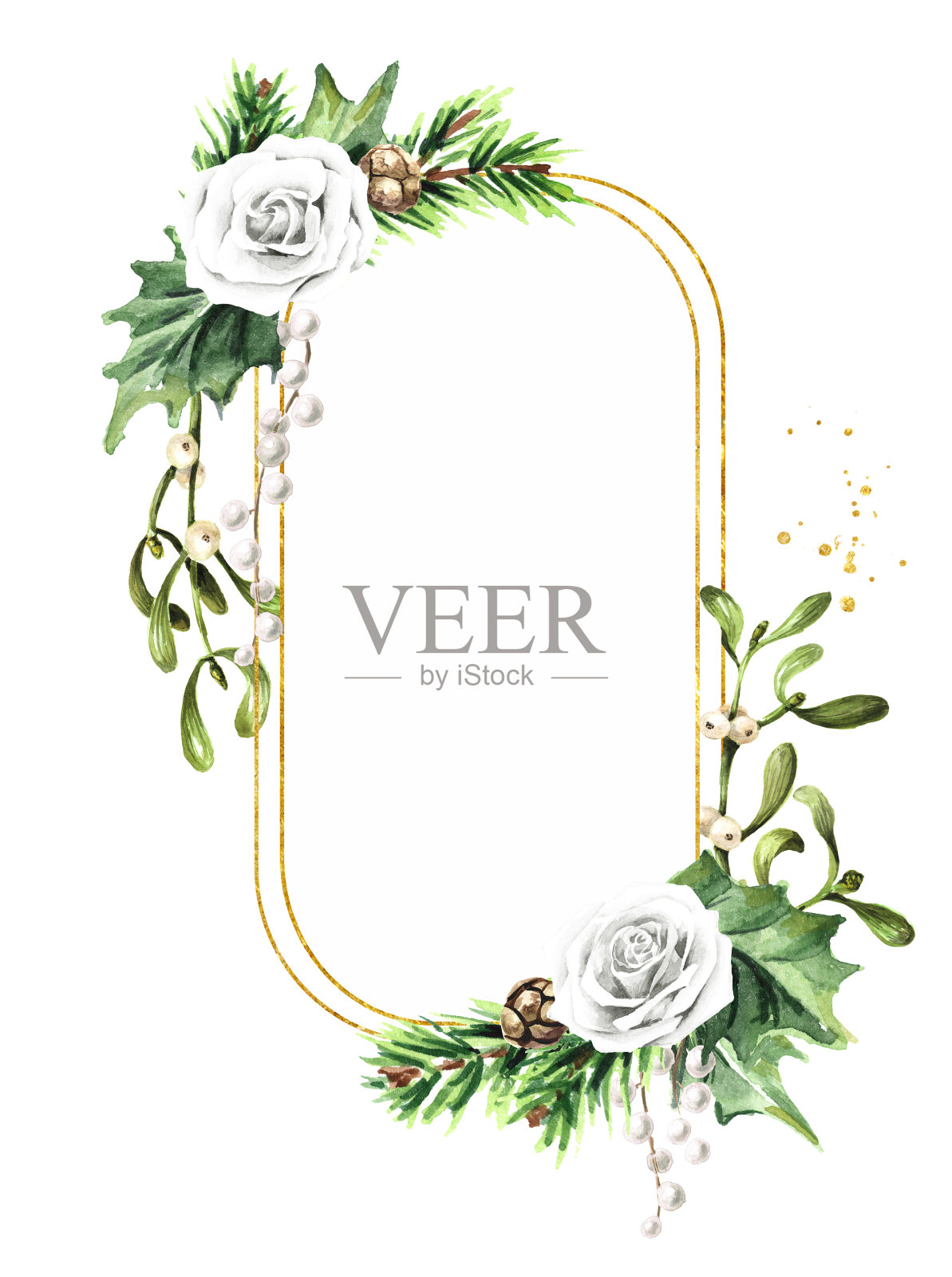 冬天的婚礼花束，镜框。手绘水彩插图孤立在白色的背景插画图片素材