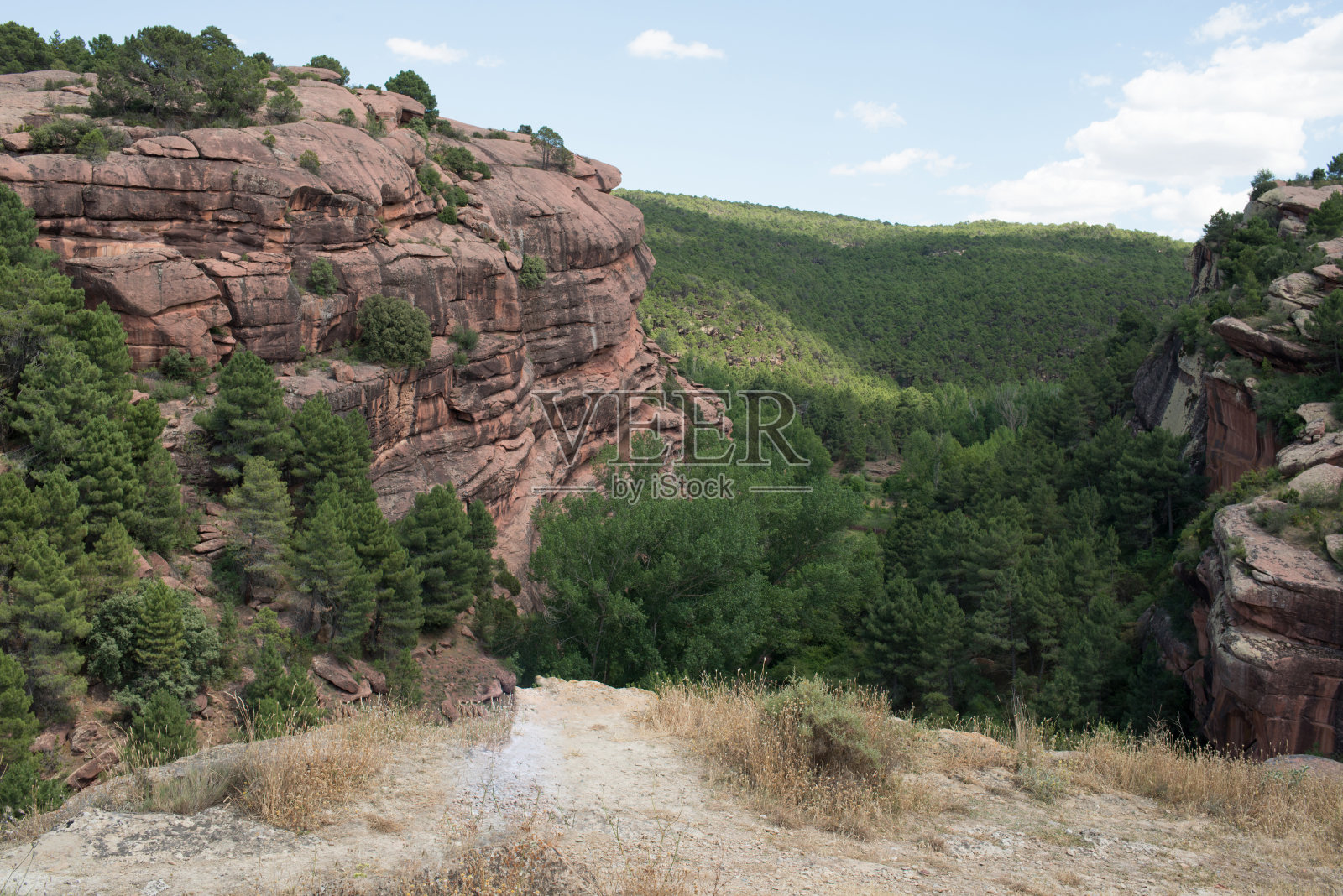 西班牙，阿拉贡，特鲁埃尔，阿尔巴拉辛附近有一个美丽的森林的徒步旅行区。照片摄影图片