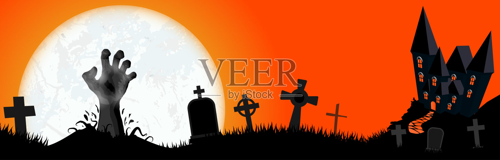 万圣节城堡和僵尸在满月前牵手插画图片素材