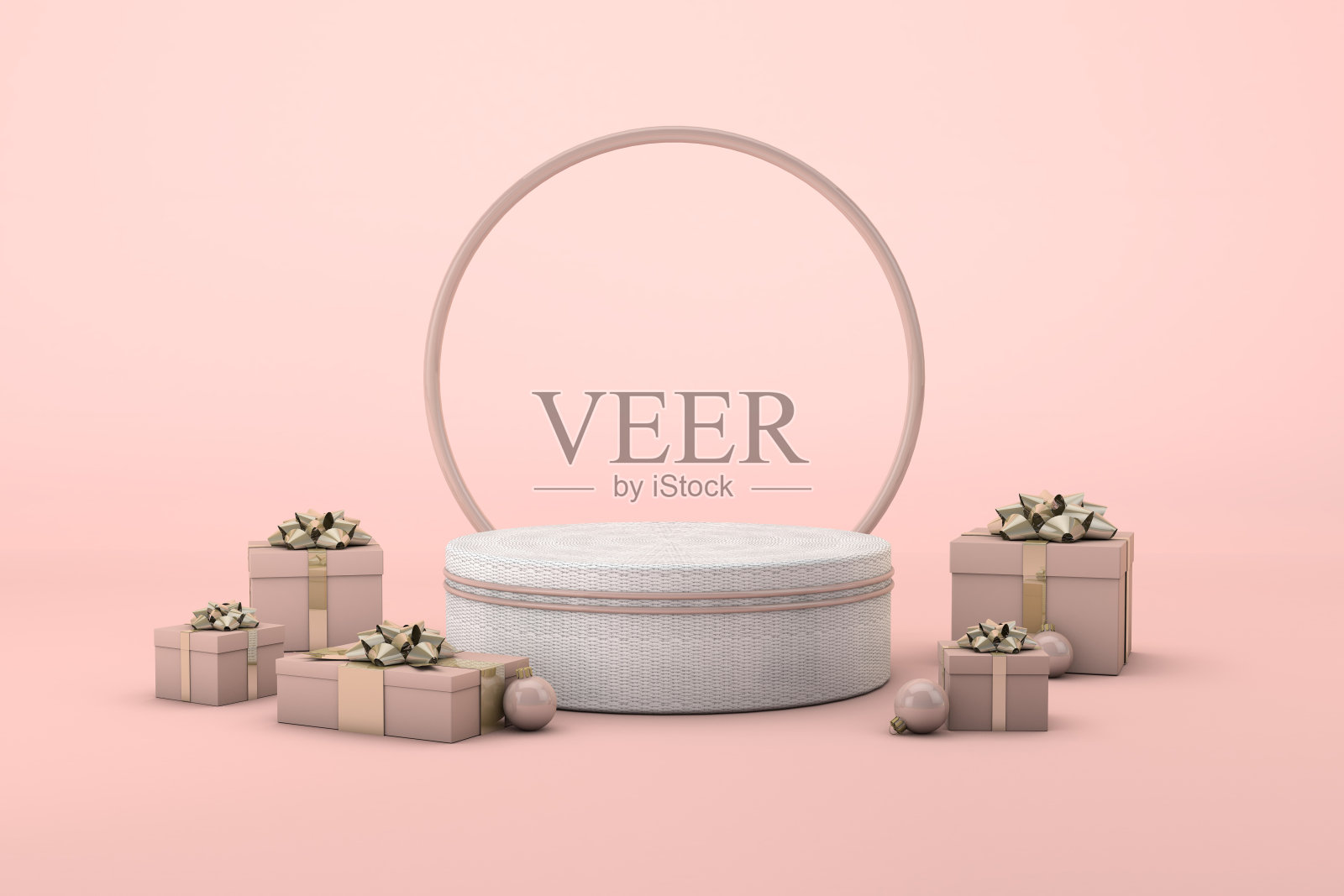 粉红色的圣诞讲台与装饰节日活动。三维渲染照片摄影图片