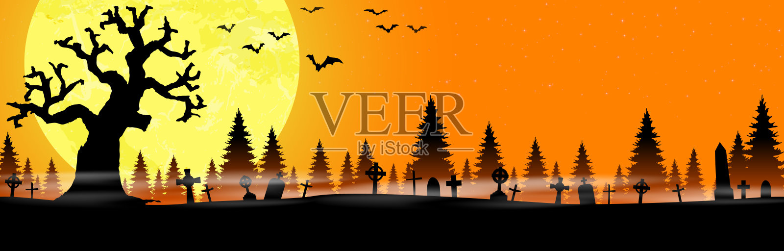 满月时林地前的万圣节墓地插画图片素材