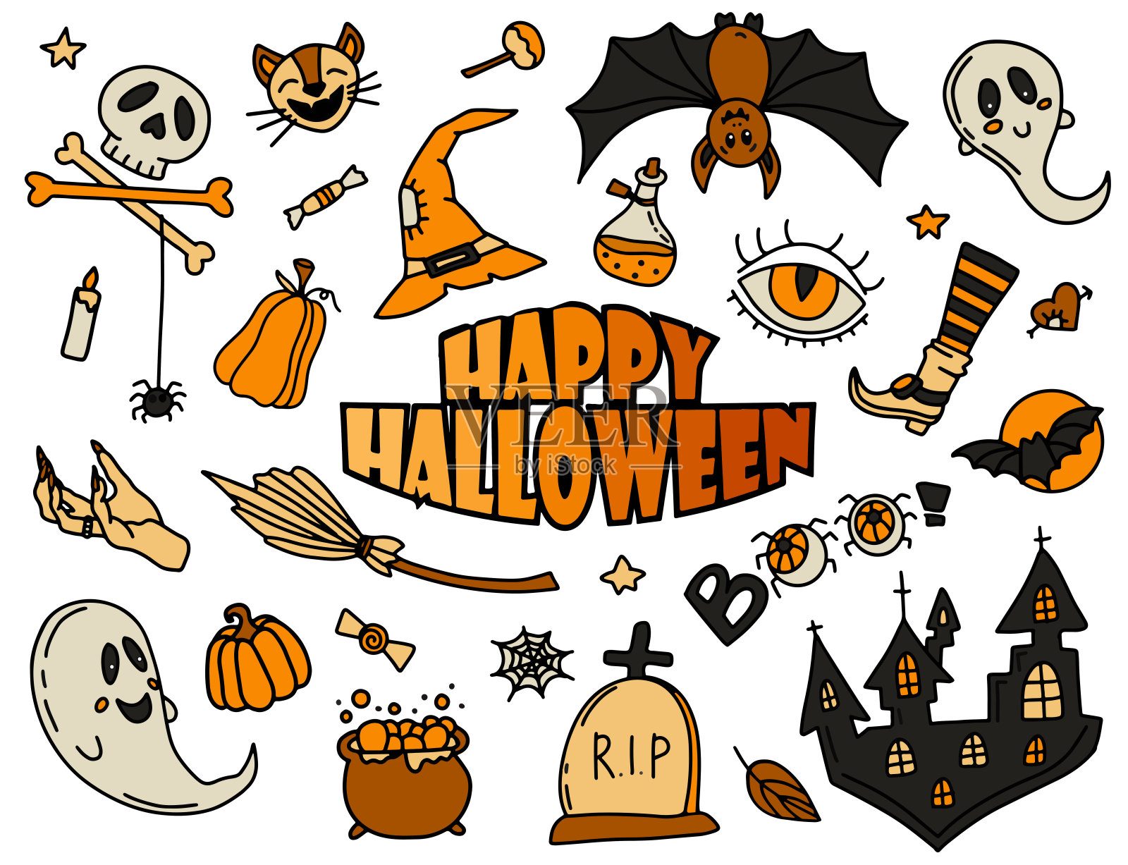 快乐的万圣节涂鸦颜色设置插画图片素材