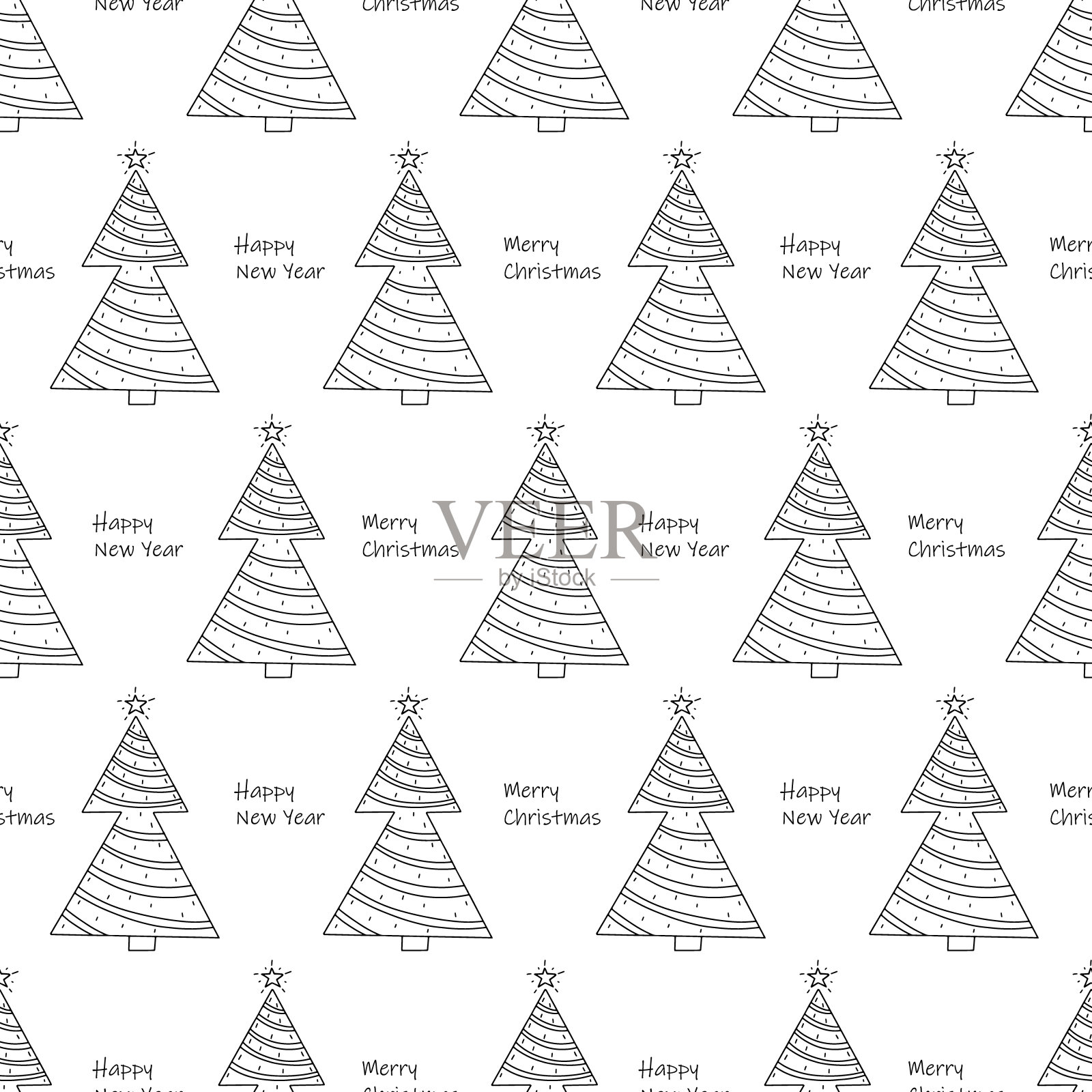 无缝的新年图案的风格装饰圣诞树。向量假日背景包装，纸和纺织产品插画图片素材