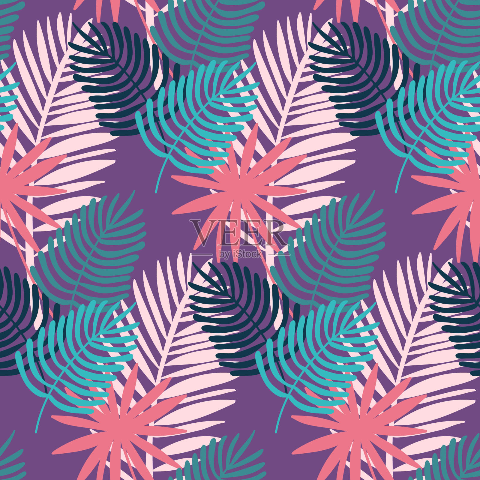 怪兽和棕榈无缝图案，热带紫色丁香叶，向量插画图片素材