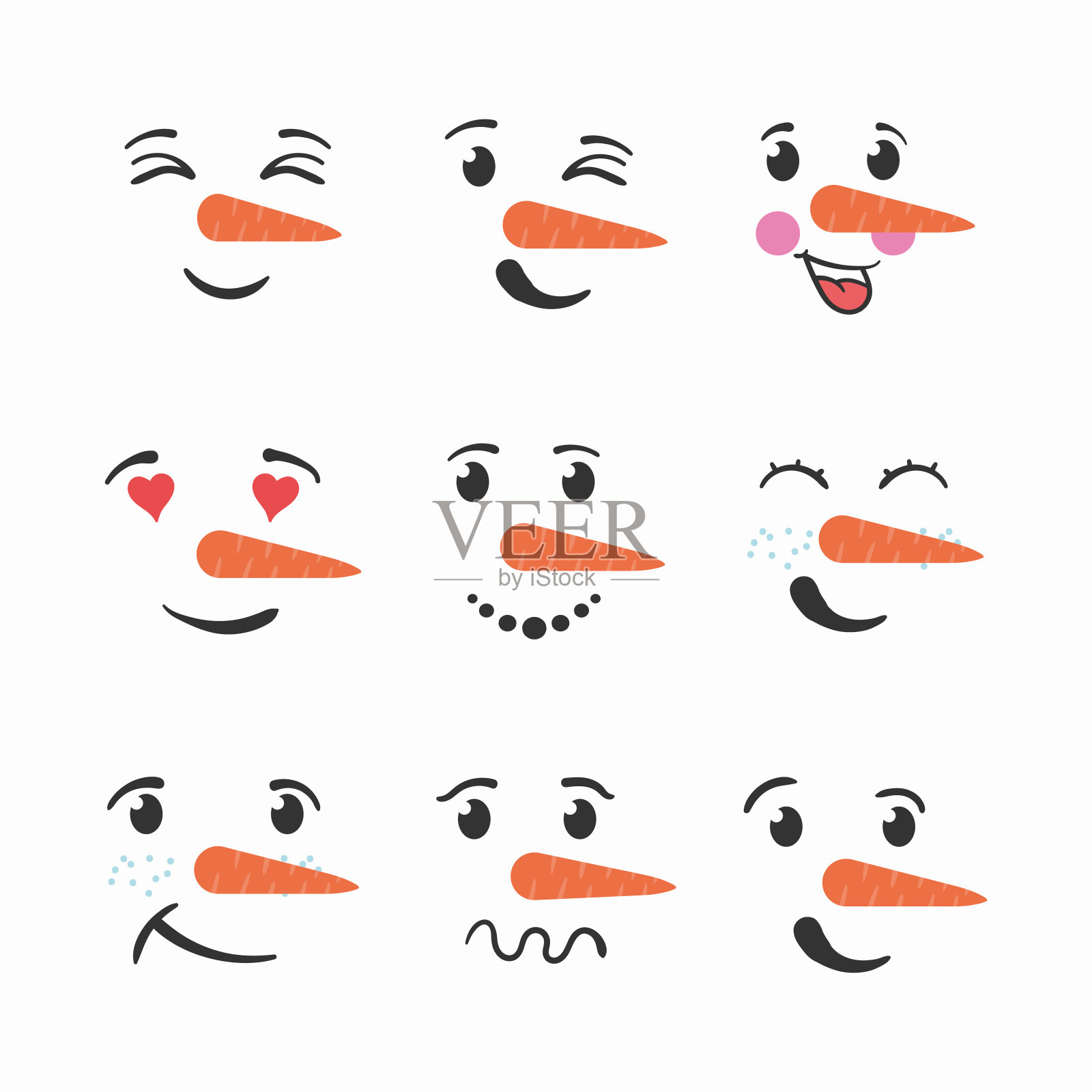 圣诞雪人脸冬季手绘涂鸦。图标素材