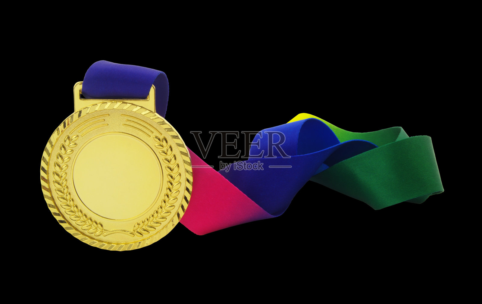 金牌与彩虹丝带孤立在黑色照片摄影图片