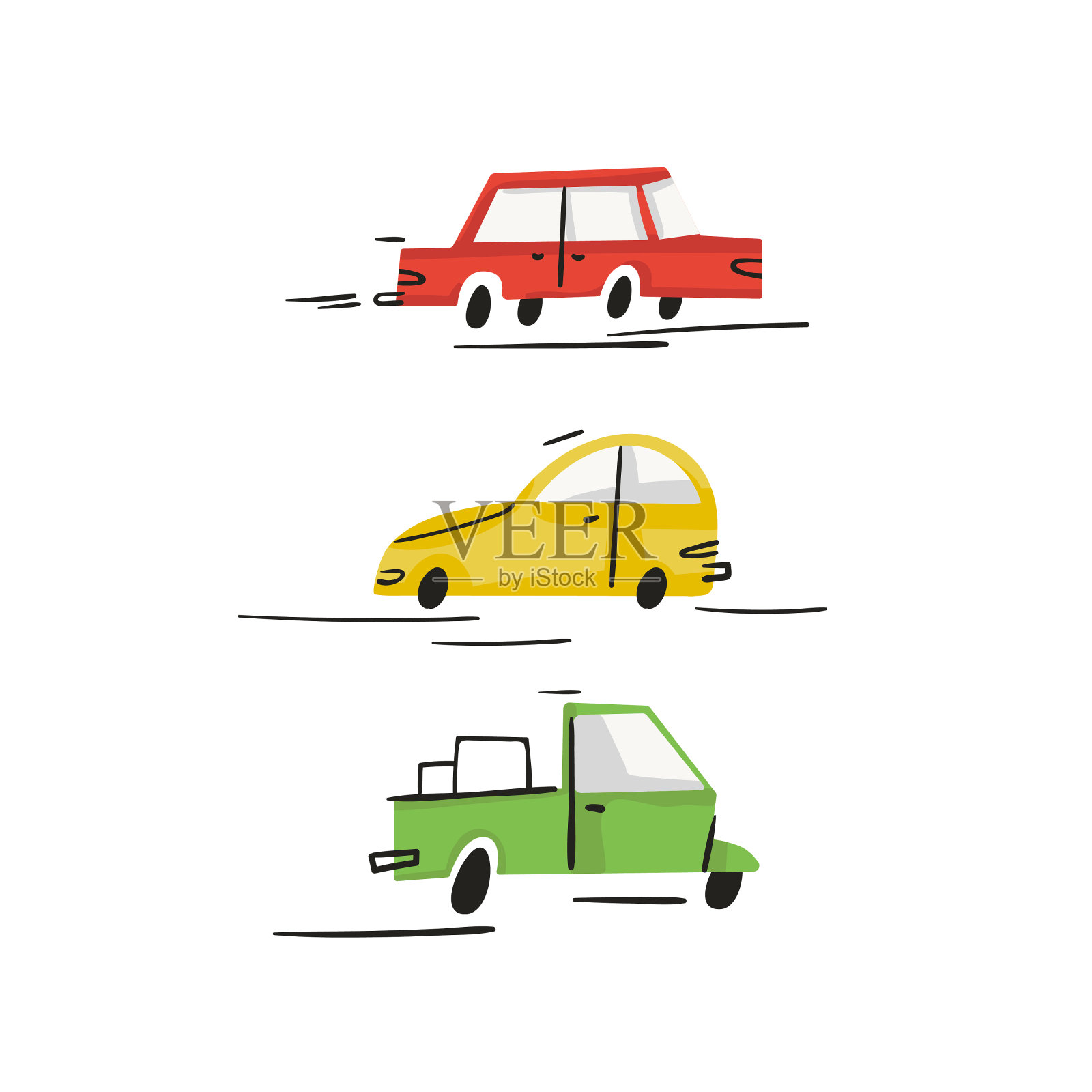 卡通红，黄，绿的车插画图片素材