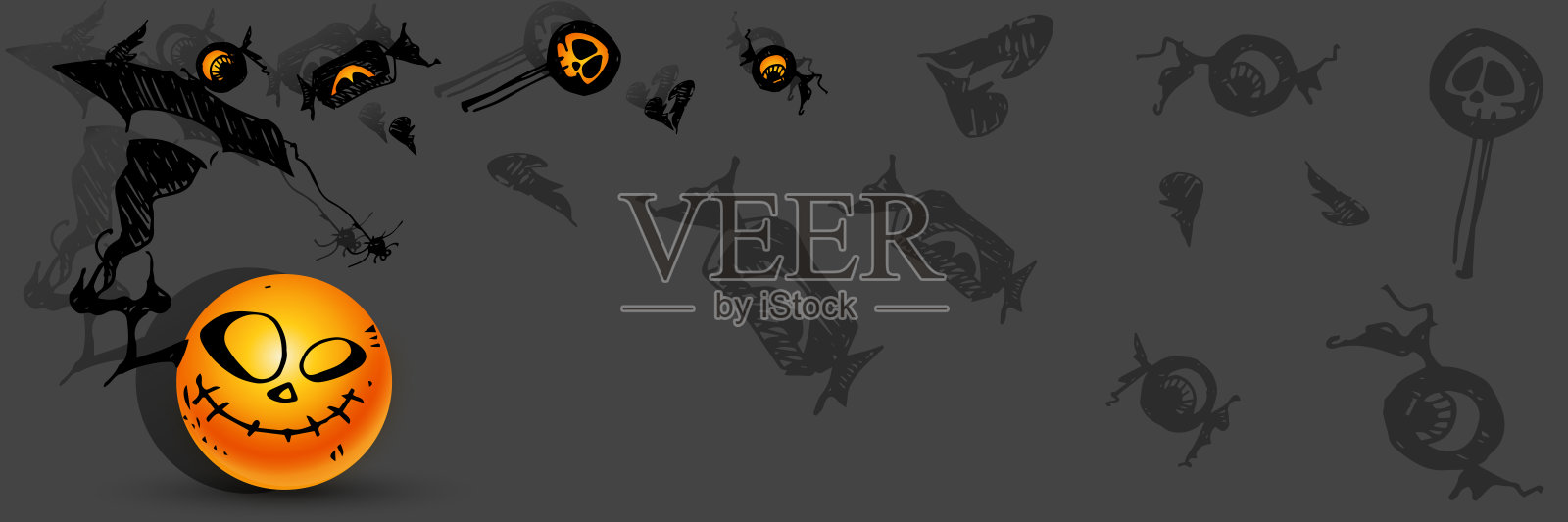 万圣节快乐!不祥有趣的手绘表情符号在黑色背景。创意海报或横幅。插画图片素材