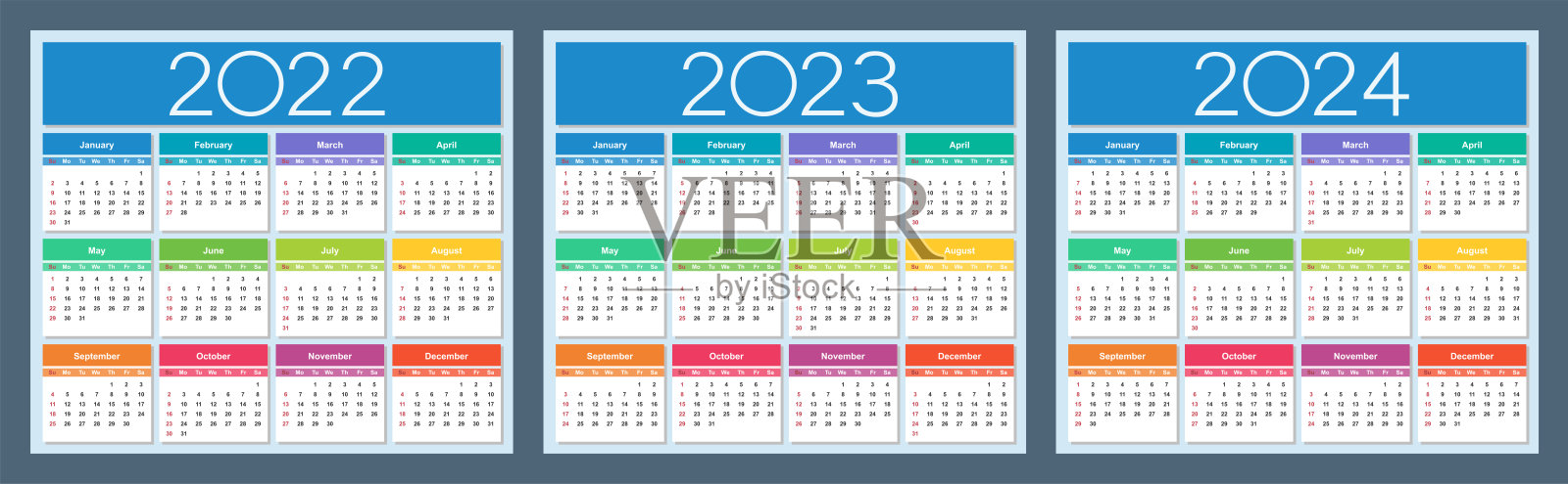 多彩的日历为2022年、2023年和2024年。星期从星期天开始。孤立的矢量图。插画图片素材