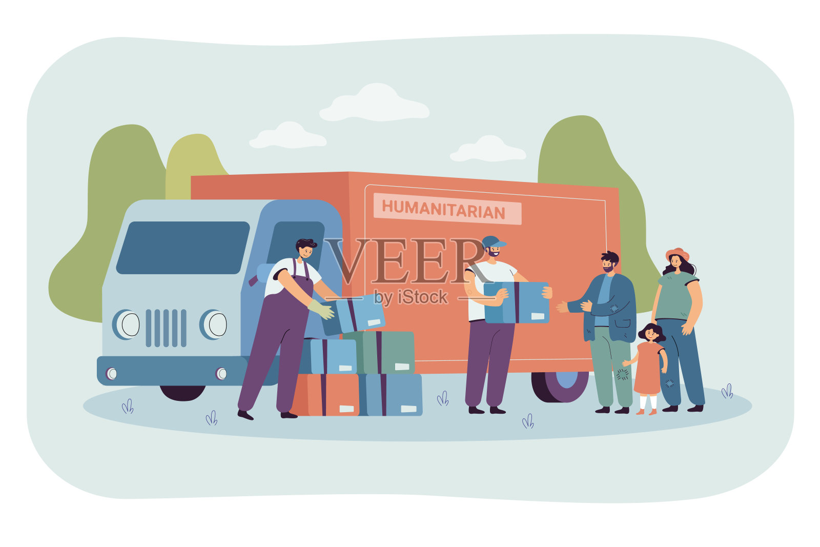 一群卡通志愿者给难民家庭送食物盒插画图片素材