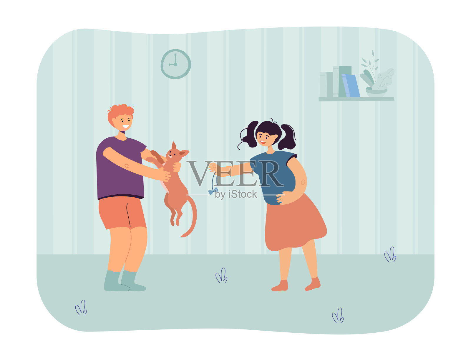 快乐的女孩和男孩和小猫玩插画图片素材