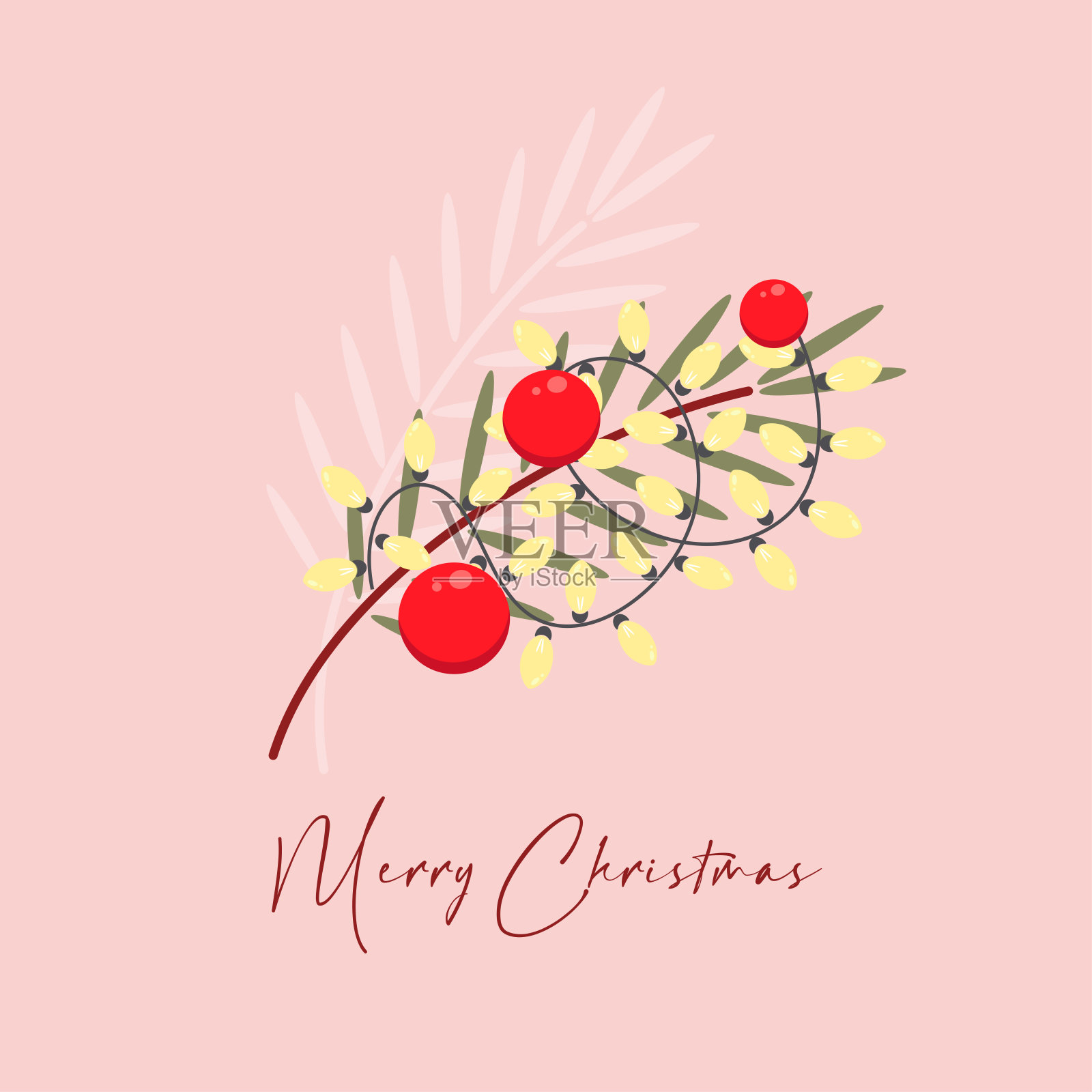 圣诞贺卡与圣诞树的树枝，花环和装饰。圣诞节结婚。卡通设计元素降临日历，海报，旗帜，明信片，传单，礼物标签和标签插画图片素材