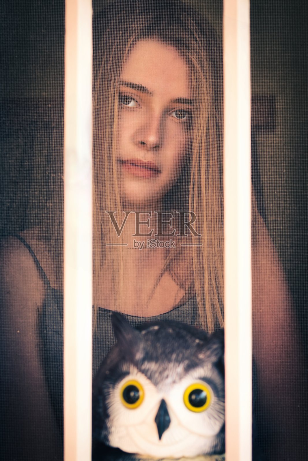 一只猫头鹰旁边的漂亮女孩照片摄影图片